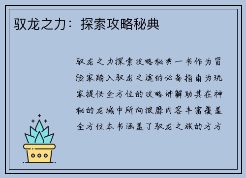 驭龙之力：探索攻略秘典
